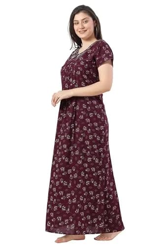 Soulemo Women's Alpine Printed Nighty XL (48 Bust) Wine | Floor Length Button-Down Sleepshirt with Lace Trim thumbnail 6