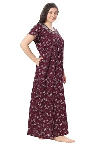 Soulemo Women's Alpine Printed Nighty XL (48 Bust) Wine | Floor Length Button-Down Sleepshirt with Lace Trim thumbnail 7