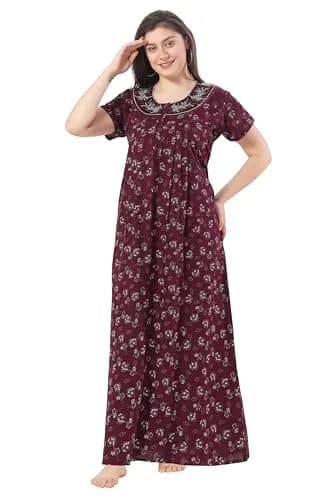 Soulemo Women's Alpine Printed Nighty XL (48 Bust) Wine | Floor Length Button-Down Sleepshirt with Lace Trim thumbnail 1