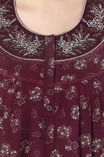 Soulemo Women's Alpine Printed Nighty XL (48 Bust) Wine | Floor Length Button-Down Sleepshirt with Lace Trim thumbnail 8