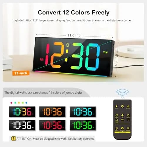 Abovsare Digital Wall Clock Large Display 13" | RGB Colors, Night Light, Remote Control (70-120 chars) thumbnail 2