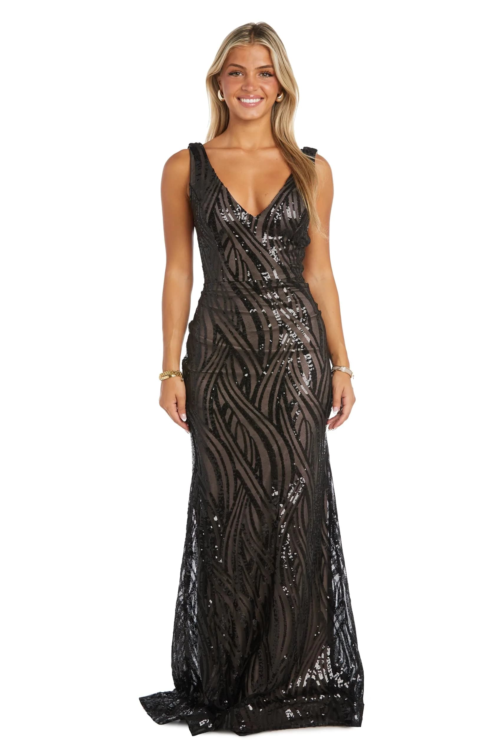 NIGHTWAY Sequin Swirl Maxi Dress W/V-Neck, Power Mesh & Open Back | Evening Party — Black/Nude