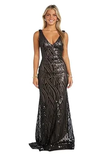 NIGHTWAY Sequin Swirl Maxi Dress W/V-Neck, Power Mesh & Open Back | Evening Party thumbnail 1