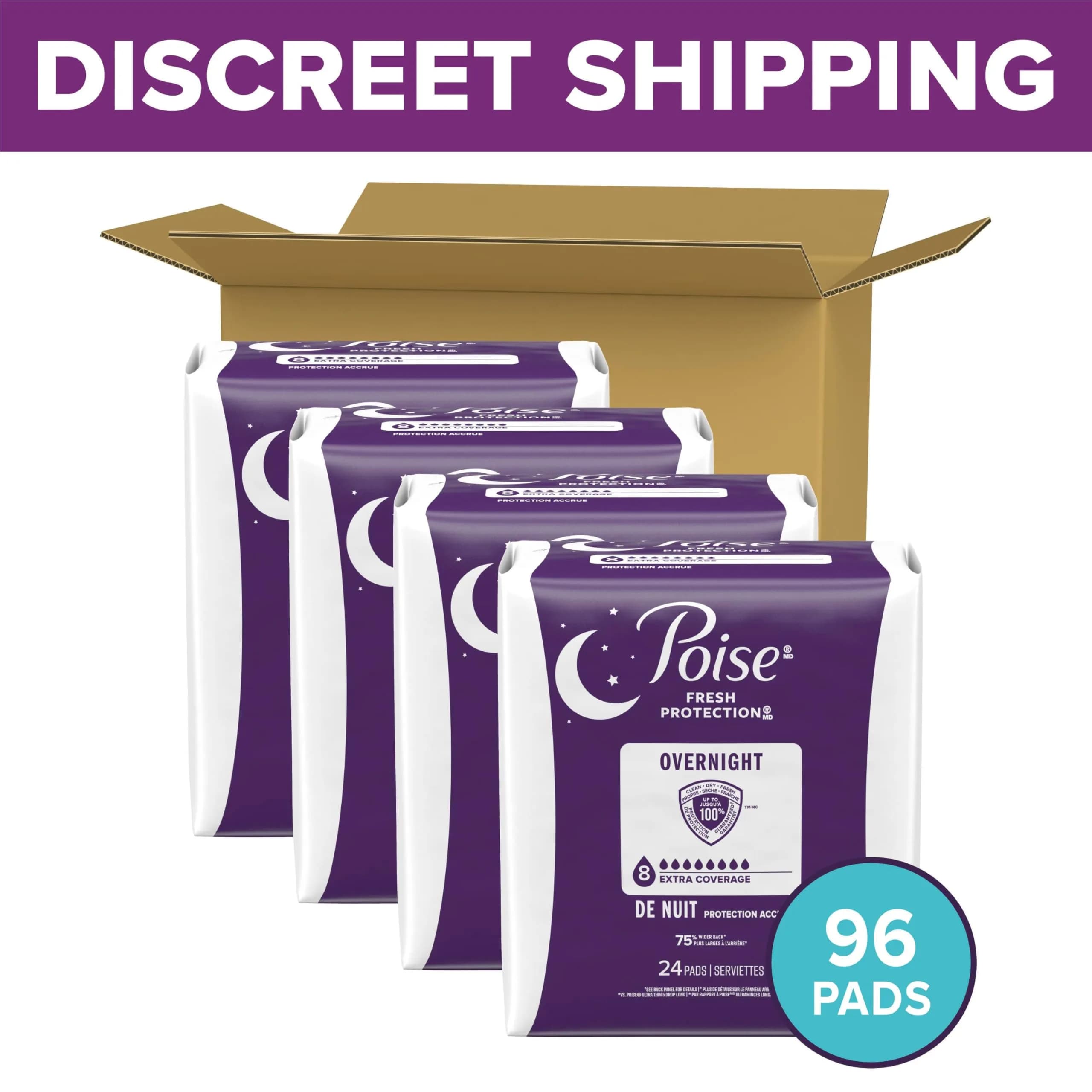 Poise Overnight Incontinence Pads with Wings, Long Length, 8 Drop Extra Coverage, 96 Count | USA Imported for India - view 2