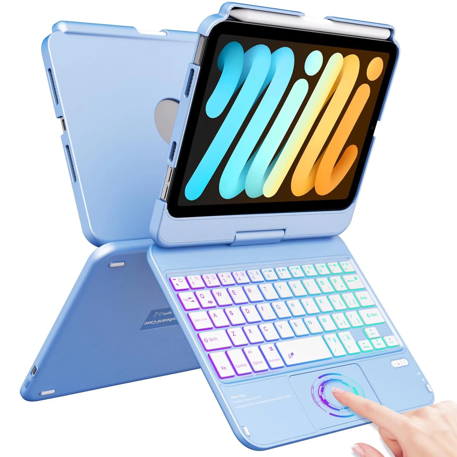 FUWANG Touch Keyboard Case for iPad mini 7/6 8.3-inch, 360° Rotating, Blue | Multi-Touch Trackpad & 7-Color Backlit Keyboard - main product image