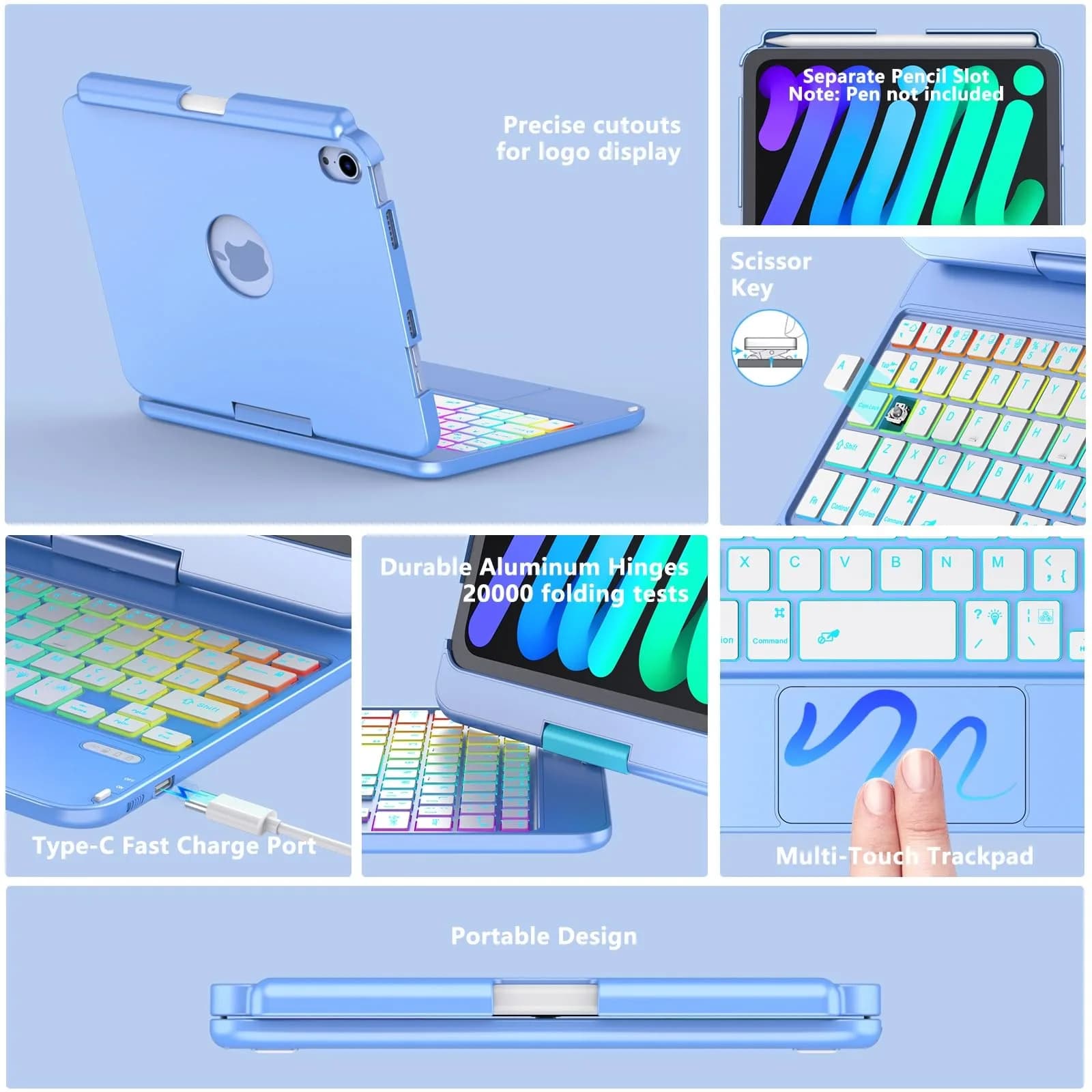 FUWANG Touch Keyboard Case for iPad mini 7/6 8.3-inch, 360° Rotating, Blue | Multi-Touch Trackpad & 7-Color Backlit Keyboard - view 6