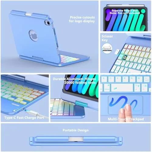 FUWANG Touch Keyboard Case for iPad mini 7/6 8.3-inch, 360° Rotating, Blue | Multi-Touch Trackpad & 7-Color Backlit Keyboard thumbnail 6