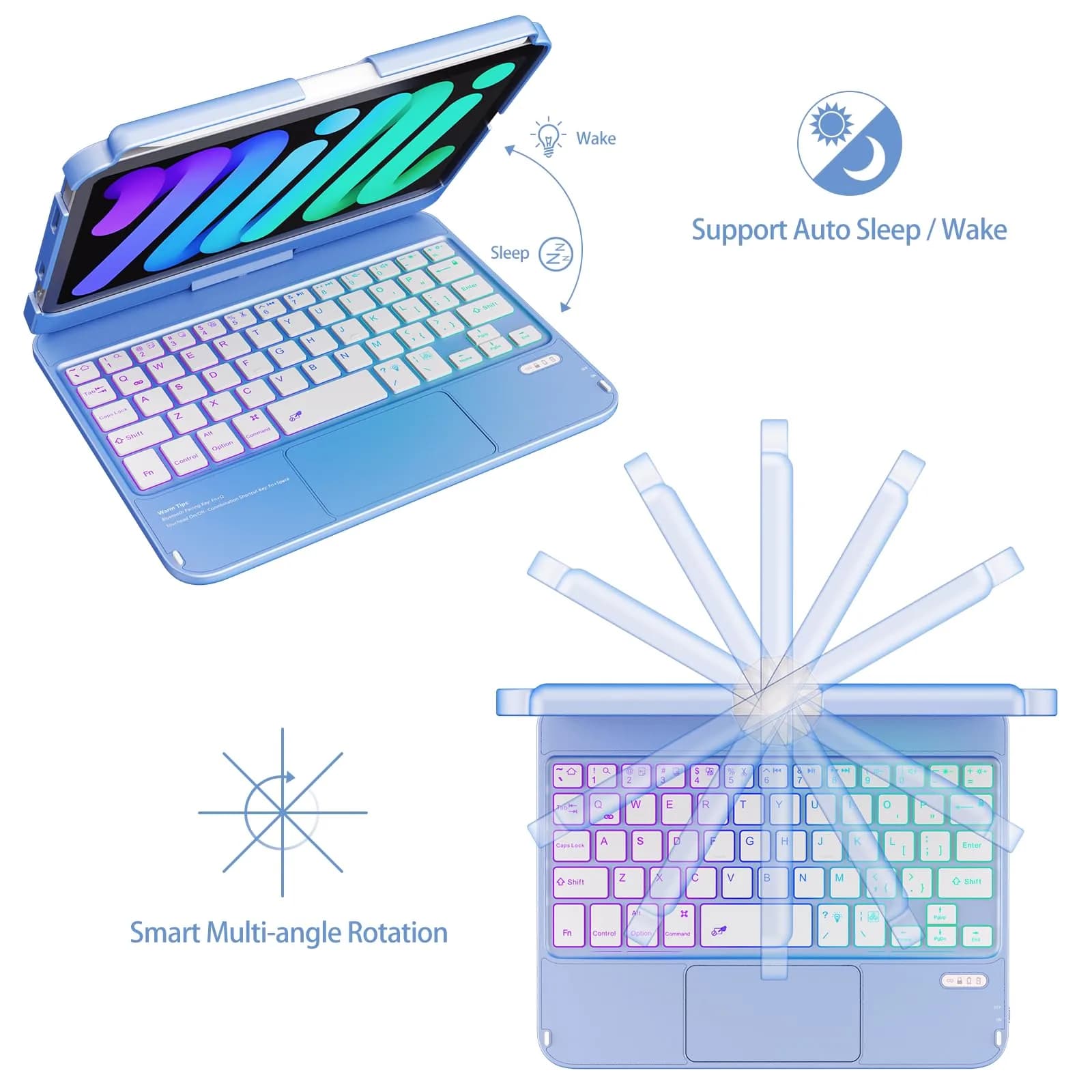 FUWANG Touch Keyboard Case for iPad mini 7/6 8.3-inch, 360° Rotating, Blue | Multi-Touch Trackpad & 7-Color Backlit Keyboard - view 9