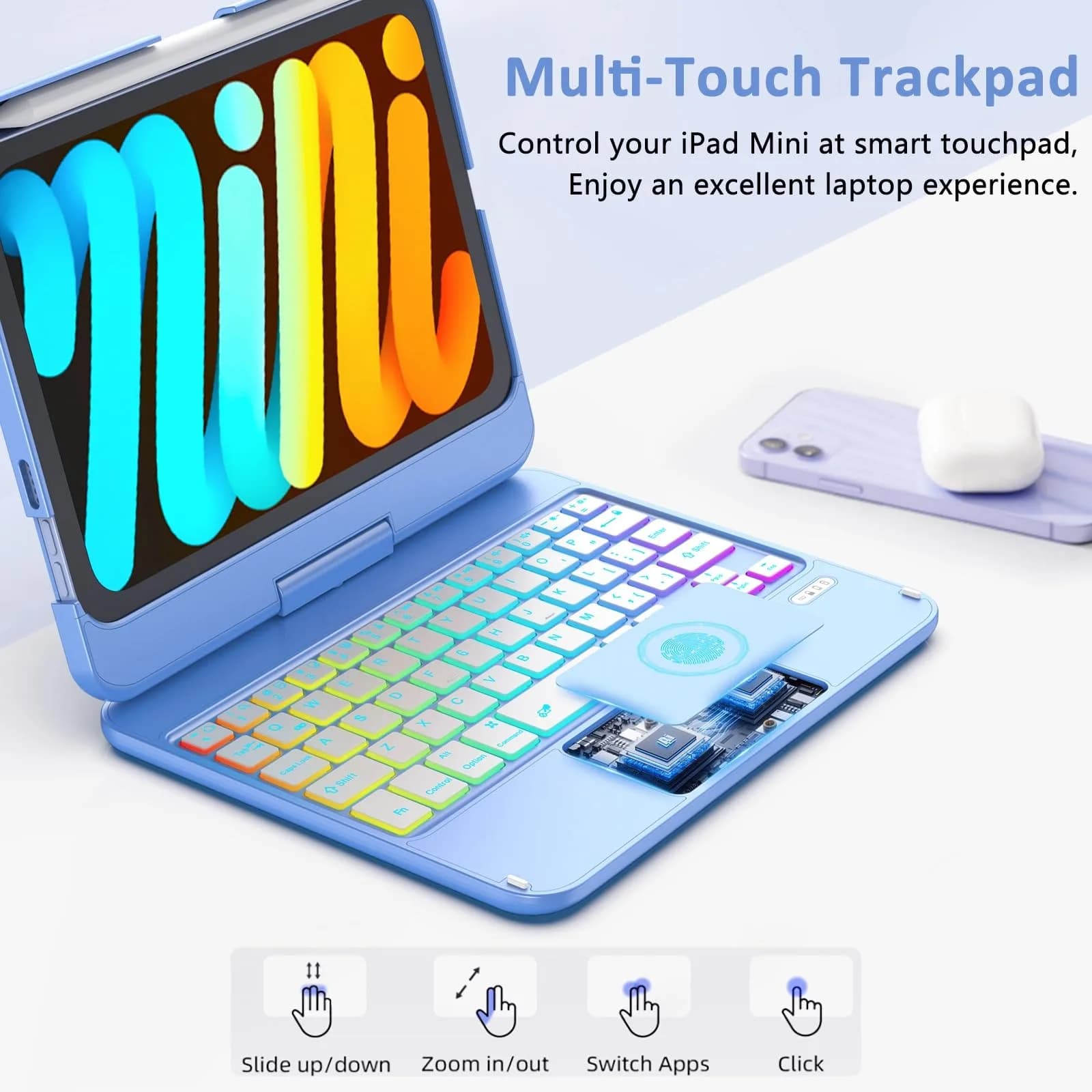 FUWANG Touch Keyboard Case for iPad mini 7/6 8.3-inch, 360° Rotating, Blue | Multi-Touch Trackpad & 7-Color Backlit Keyboard - view 3