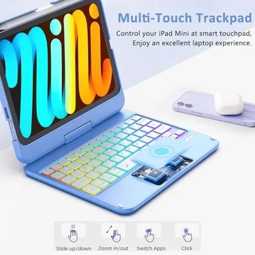 FUWANG Touch Keyboard Case for iPad mini 7/6 8.3-inch, 360° Rotating, Blue | Multi-Touch Trackpad & 7-Color Backlit Keyboard thumbnail 3