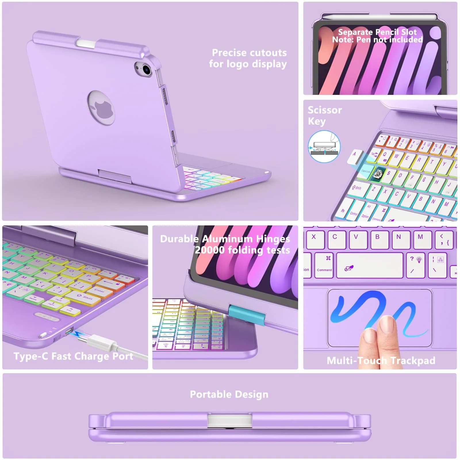 FUWANG Purple Keyboard Case for iPad mini 7/6 8.3-inch | 360° Rotating, Backlit, Trackpad - view 6