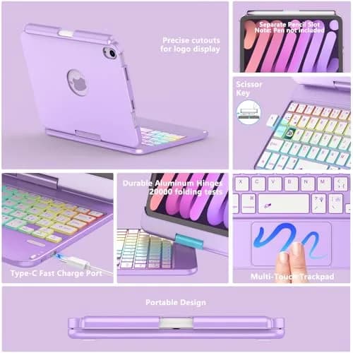 FUWANG Purple Keyboard Case for iPad mini 7/6 8.3-inch | 360° Rotating, Backlit, Trackpad thumbnail 6