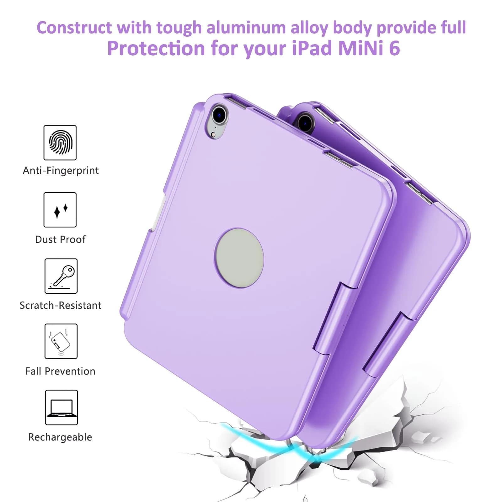 FUWANG Purple Keyboard Case for iPad mini 7/6 8.3-inch | 360° Rotating, Backlit, Trackpad - view 7