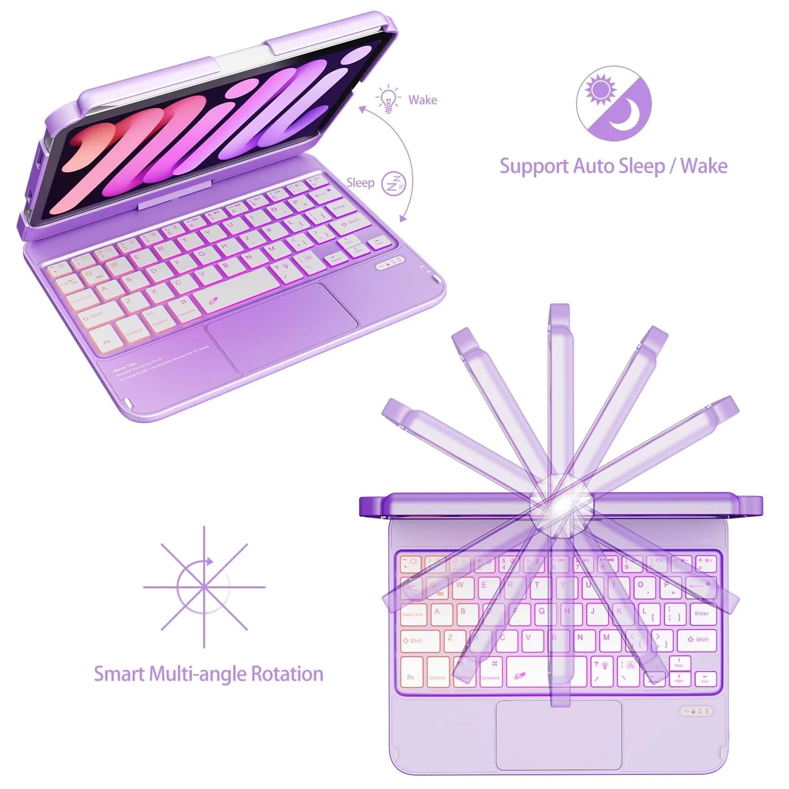 FUWANG Purple Keyboard Case for iPad mini 7/6 8.3-inch | 360° Rotating, Backlit, Trackpad - view 9