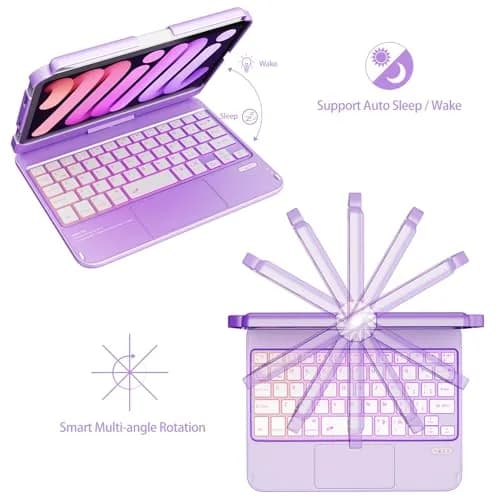 FUWANG Purple Keyboard Case for iPad mini 7/6 8.3-inch | 360° Rotating, Backlit, Trackpad thumbnail 9