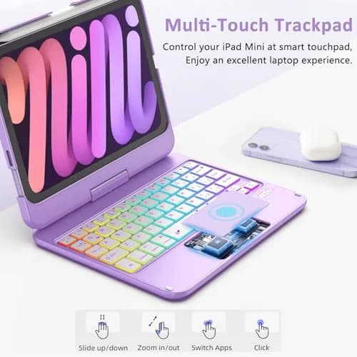 FUWANG Purple Keyboard Case for iPad mini 7/6 8.3-inch | 360° Rotating, Backlit, Trackpad thumbnail 3