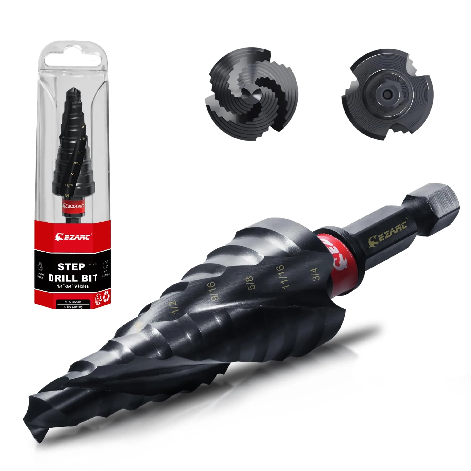 EZARC M35 Cobalt Step Drill Bit for Metal 1/4"-3/4" | 9 Step Sizes, Hex Shank, Coated with AlTiN — 1/4'' - 3/4''