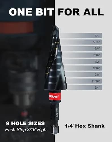 EZARC M35 Cobalt Step Drill Bit for Metal 1/4"-3/4" | 9 Step Sizes, Hex Shank, Coated with AlTiN thumbnail 5