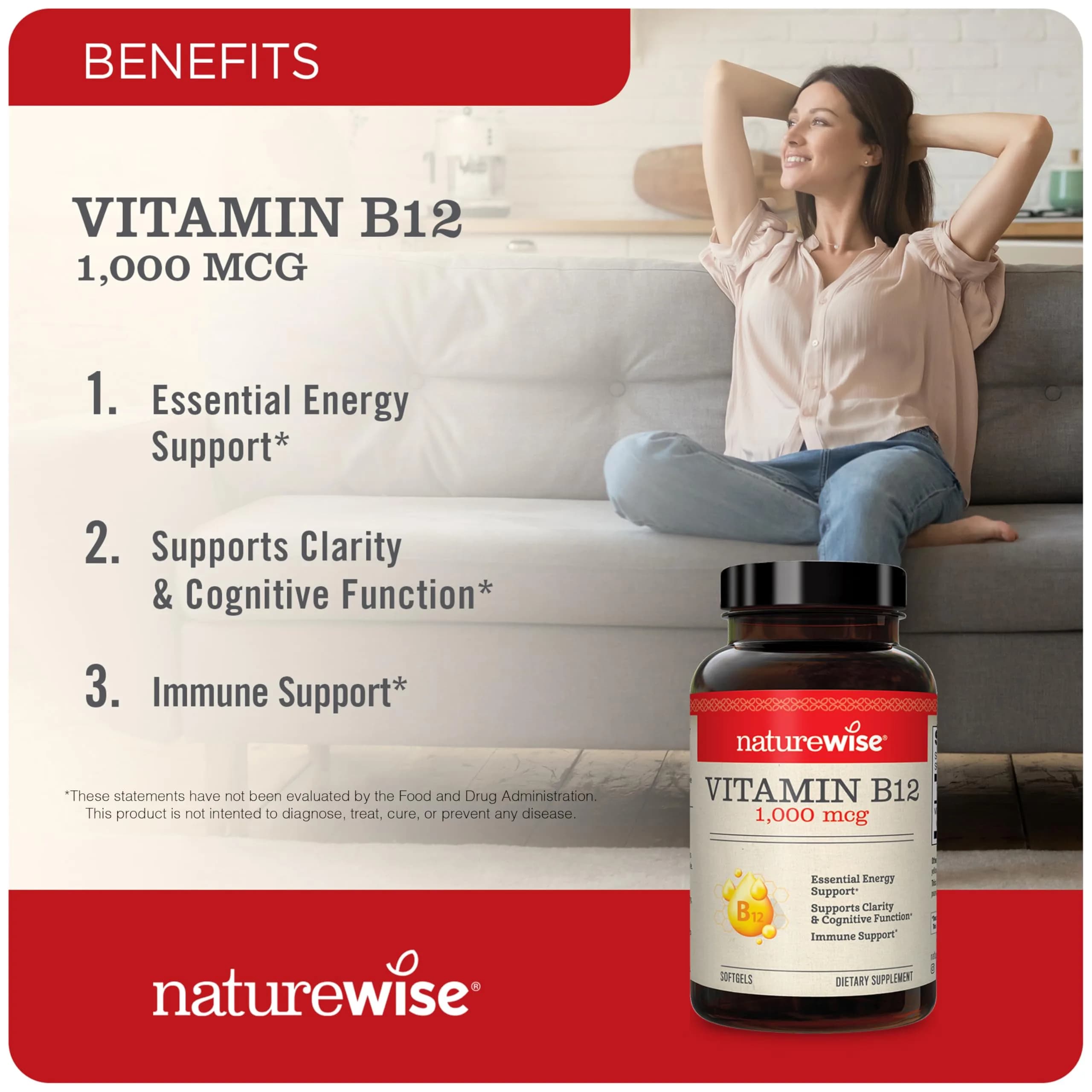 NatureWise Vitamin D3 5000iu & B12 1000mcg 90 Count Softgels | Mental Clarity, Energy Support - view 3