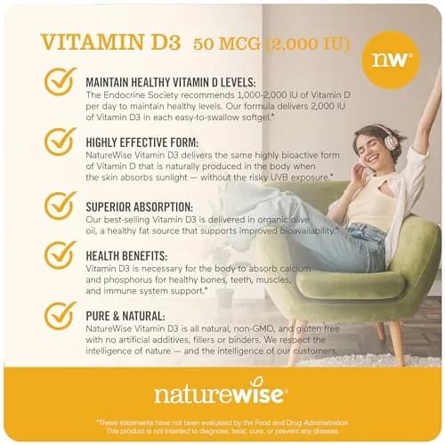 NatureWise Vitamin D3 2000iu 360 Count & Vitamin B12 1000mcg 60 Softgels | Energy, Immune & Muscle Support thumbnail 4