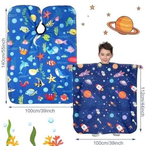 FEBSNOW 3Pcs Kids Hair Cutting Cape Professional Barber Cape for Children 139.7cm x 99.06cm | Fun Cartoon Patterns for Home & Salon Use thumbnail 2