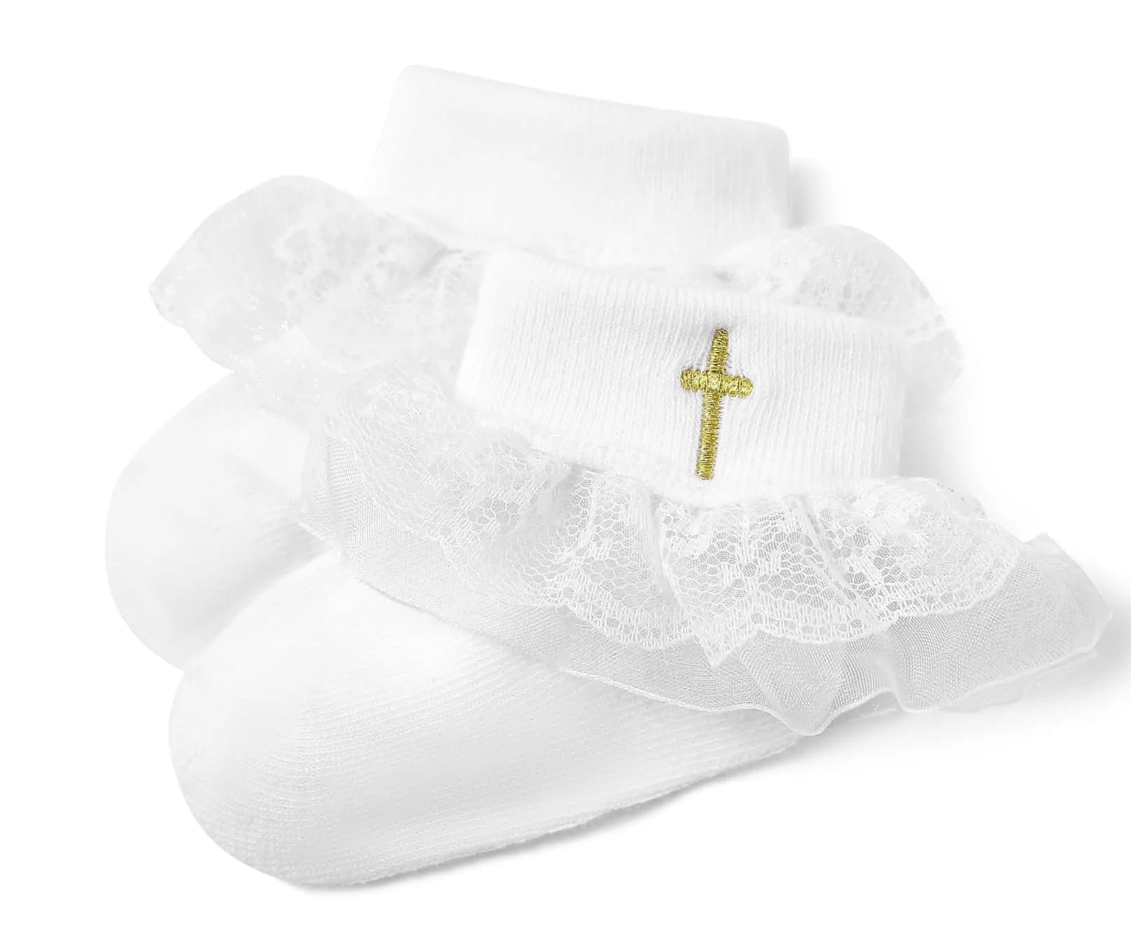 KESICI Baby Baptism Socks for Girls 0-12 Months | Cross & Lace, White, Ankle Length