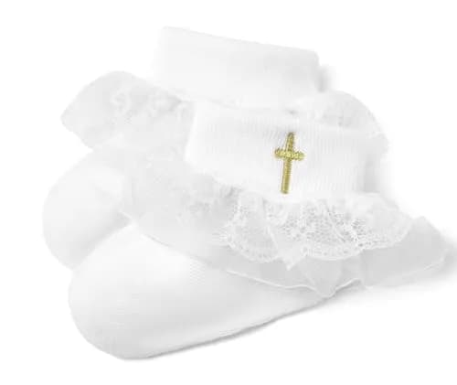 KESICI Baby Baptism Socks for Girls 0-12 Months | Cross & Lace, White, Ankle Length thumbnail 1