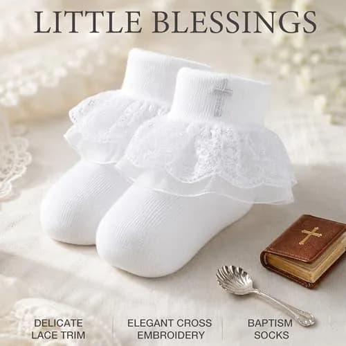 KESICI Baby Baptism Socks for Girls 0-12 Months | Cross & Lace, White, Ankle Length thumbnail 4
