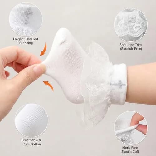 KESICI Baby Baptism Socks for Girls 0-12 Months | Cross & Lace, White, Ankle Length thumbnail 5