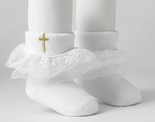 KESICI Baby Baptism Socks for Girls 0-12 Months | Cross & Lace, White, Ankle Length thumbnail 6