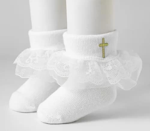 KESICI Baby Baptism Socks for Girls 0-12 Months | Cross & Lace, White, Ankle Length thumbnail 7