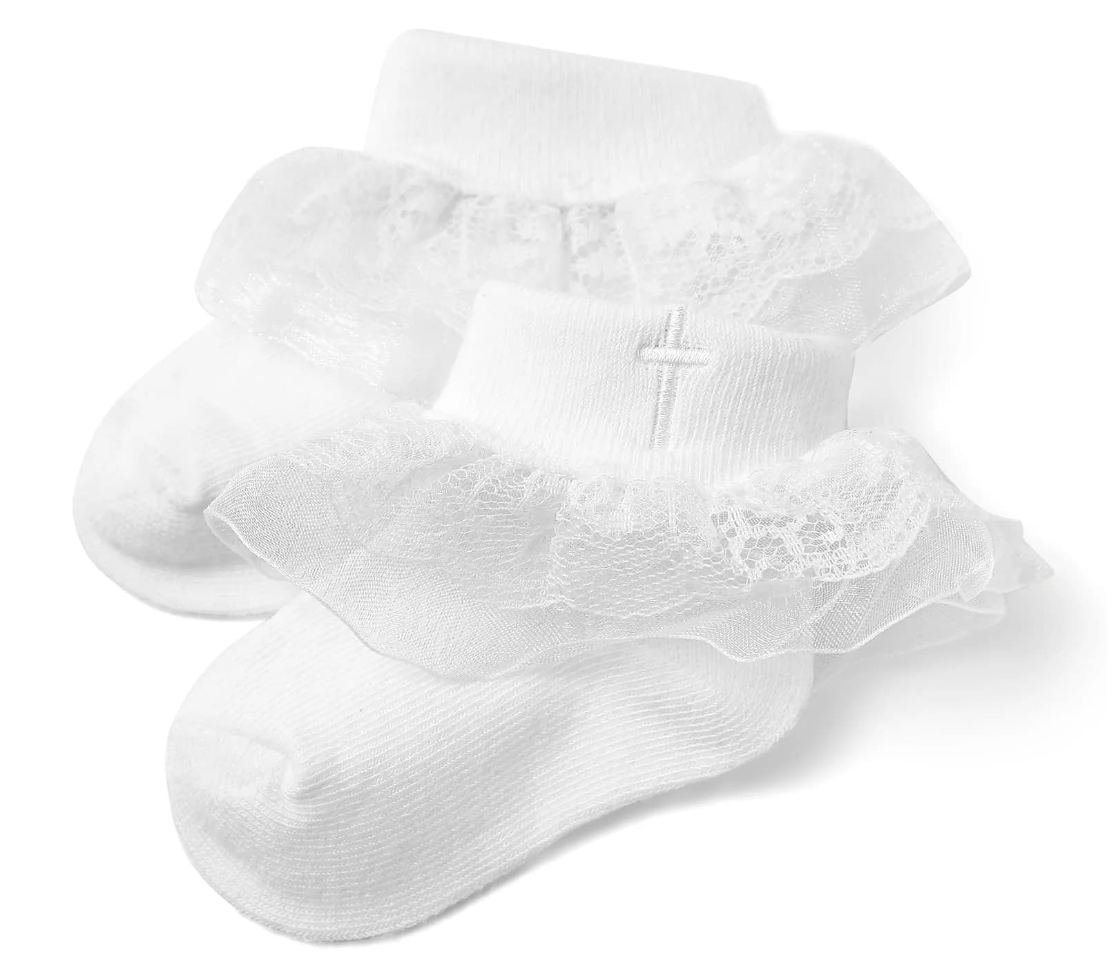 KESICI Baby Baptism Socks for Girls 0-12 Months | Cross & Lace, White, Ankle Length — A-white