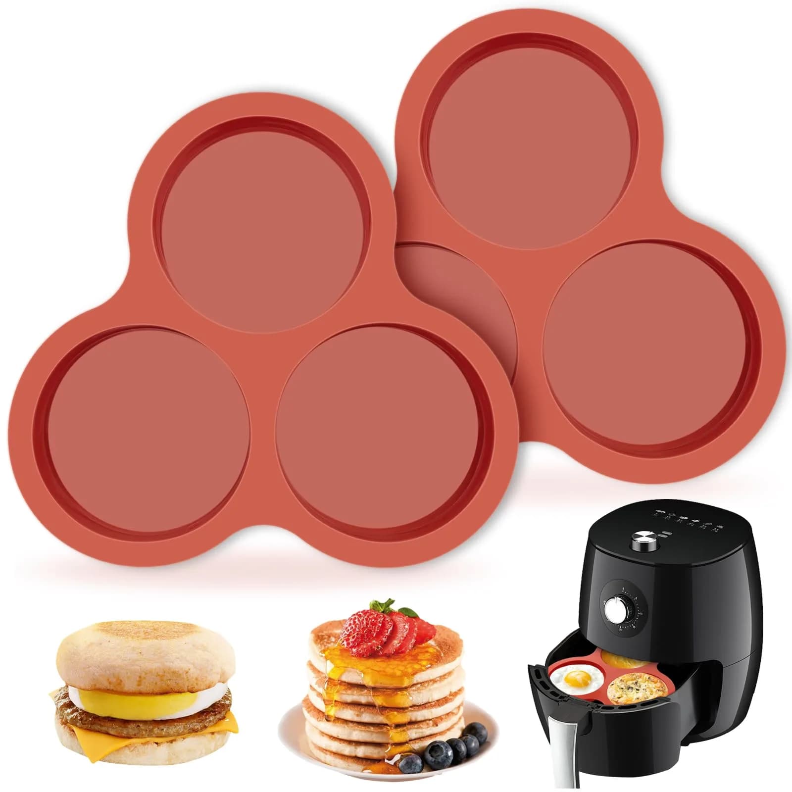 JOERSH Silicone Air Fryer Egg Mold Pan 4 Inch Jumbo 3-Cavity, 2 Pack | Non-Stick & Reusable for Breakfast Sandwiches & Hamburger Buns — Regular, 3 Cups