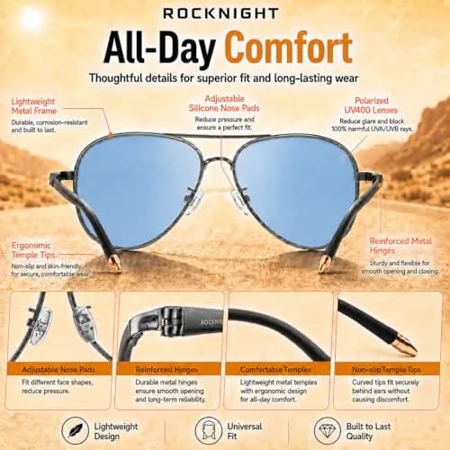 ROCKNIGHT Polarized Aviator Sunglasses Men Women UV400 Metal Frame Driving | Photochromic Lenses thumbnail 6