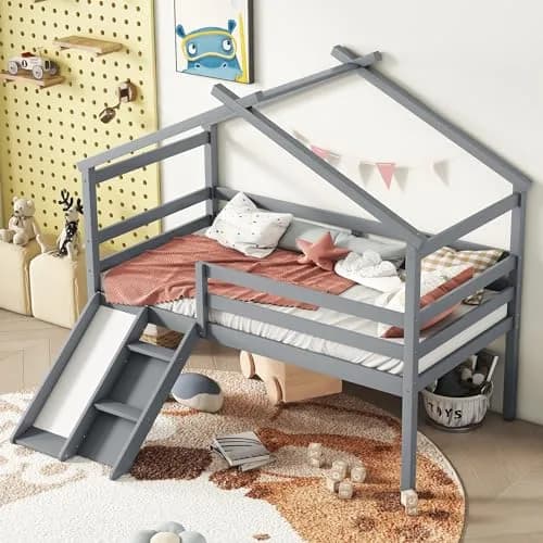 Brisca Twin Size Low Loft Bed with Slide & Ladder | House Roof & Guardrails, Easy Assembly, Grey thumbnail 1