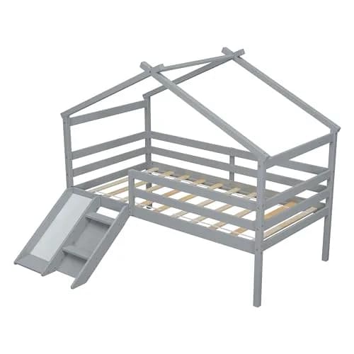 Brisca Twin Size Low Loft Bed with Slide & Ladder | House Roof & Guardrails, Easy Assembly, Grey thumbnail 7