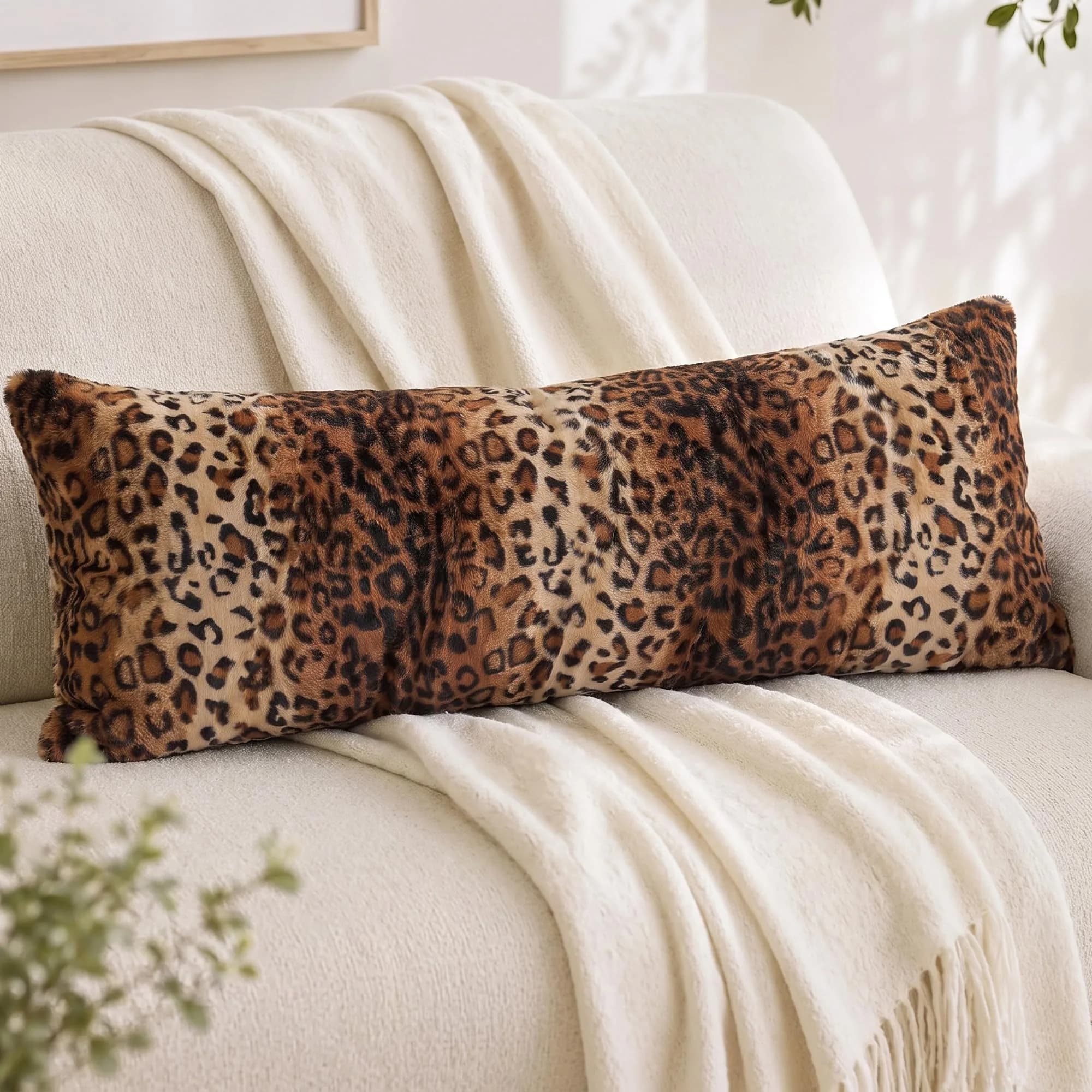 CARRIE HOME Leopard Cheetah Long Decorative Lumbar Body Pillow Cover 14x36 | Soft Velour, Art Pattern