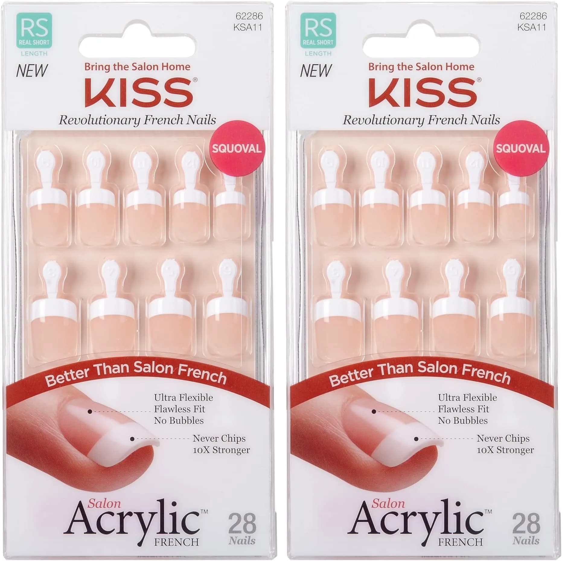 KISS Salon Acrylic Press-On Nails 'Power Play' Real Short Squoval Shape (Pack of 2) | French Design, 56 Nails Total