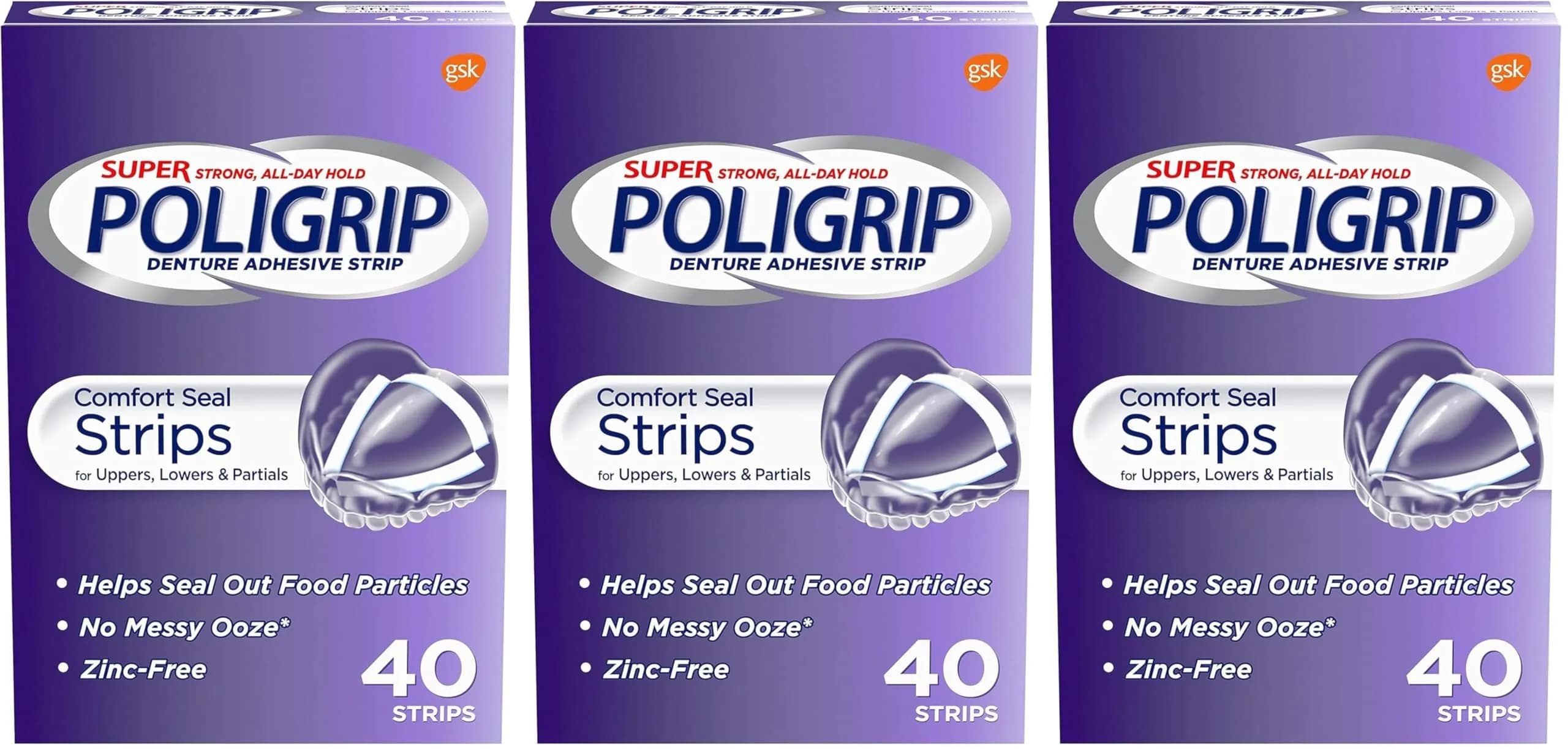 Super Poli-Grip Comfort Seal Denture Adhesive Strips 120 Count (4.2 oz) | Strong All-Day Hold — White