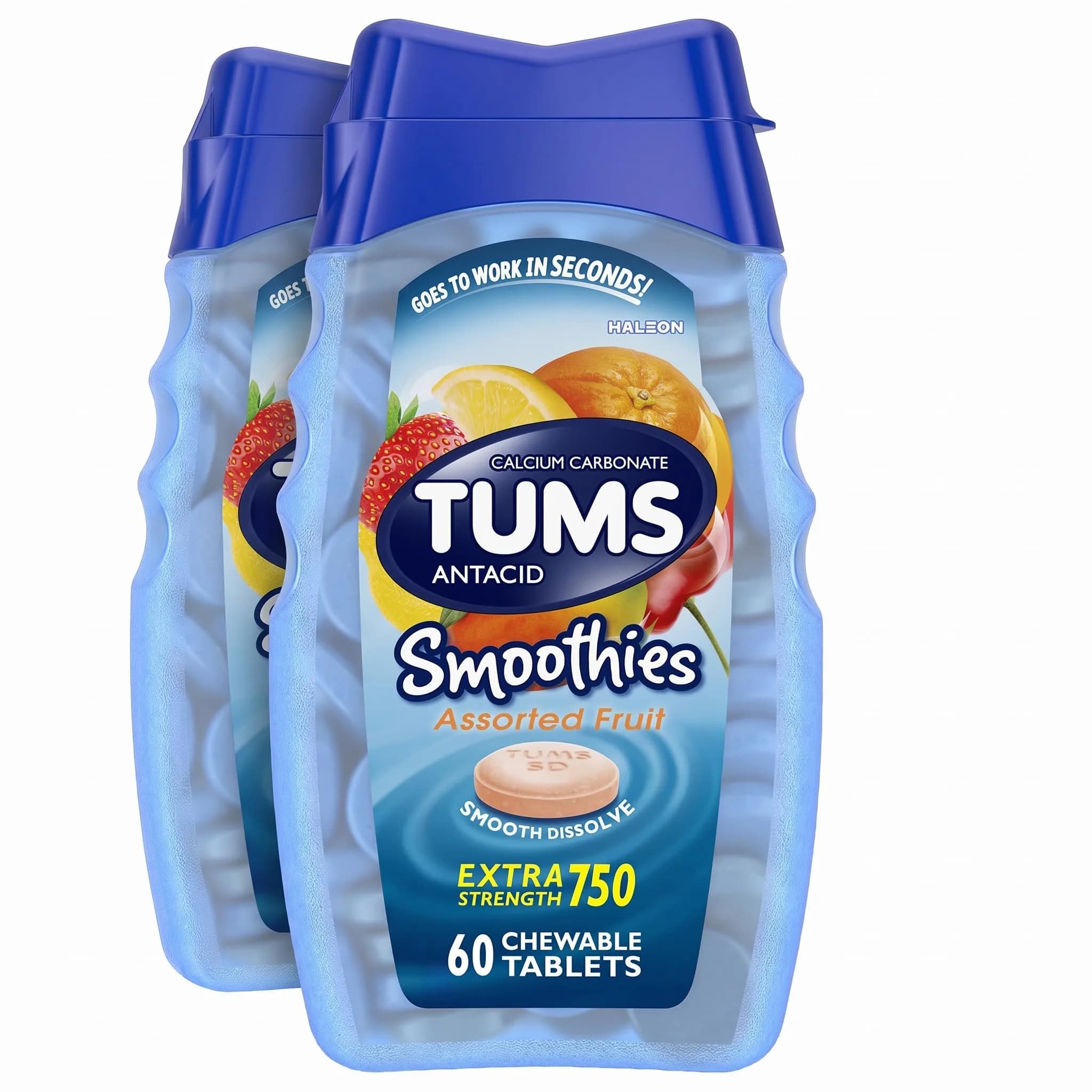 TUMS Smoothies Extra Strength Antacid Chewable Tablets 60 Count | Fast Heartburn Relief Assorted Fruit — Tablets