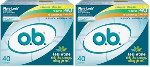 o.b. No Applicator Tampons Multipack (Regular/Super/Super Plus), 40 Count | Dermatologist Tested Tampon — Pack of 2
