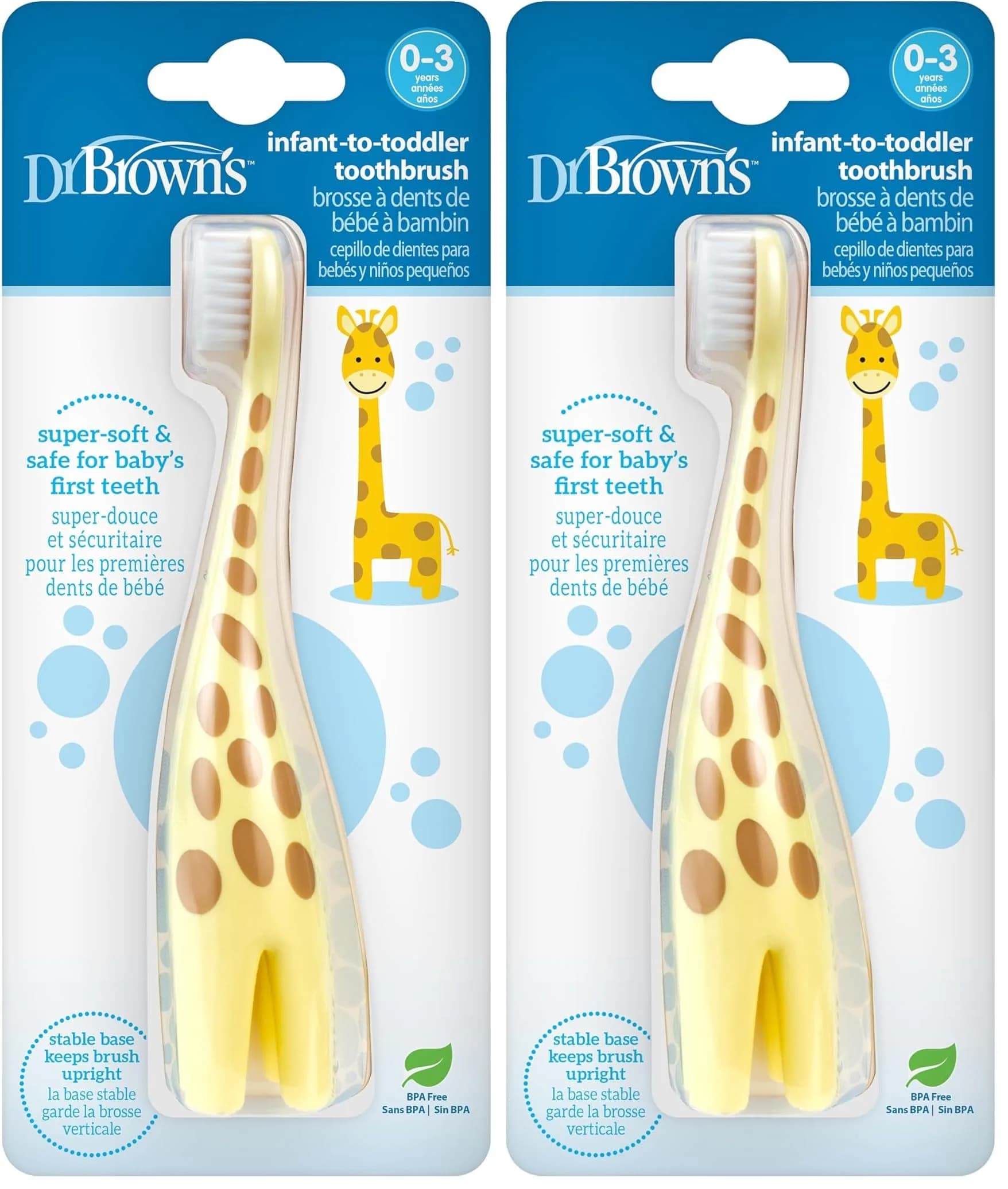 Dr. Brown's Infant-to-Toddler Training Toothbrush Soft Giraffe 2-Pack | BPA-Free for Ages 0-3 Years — Multi