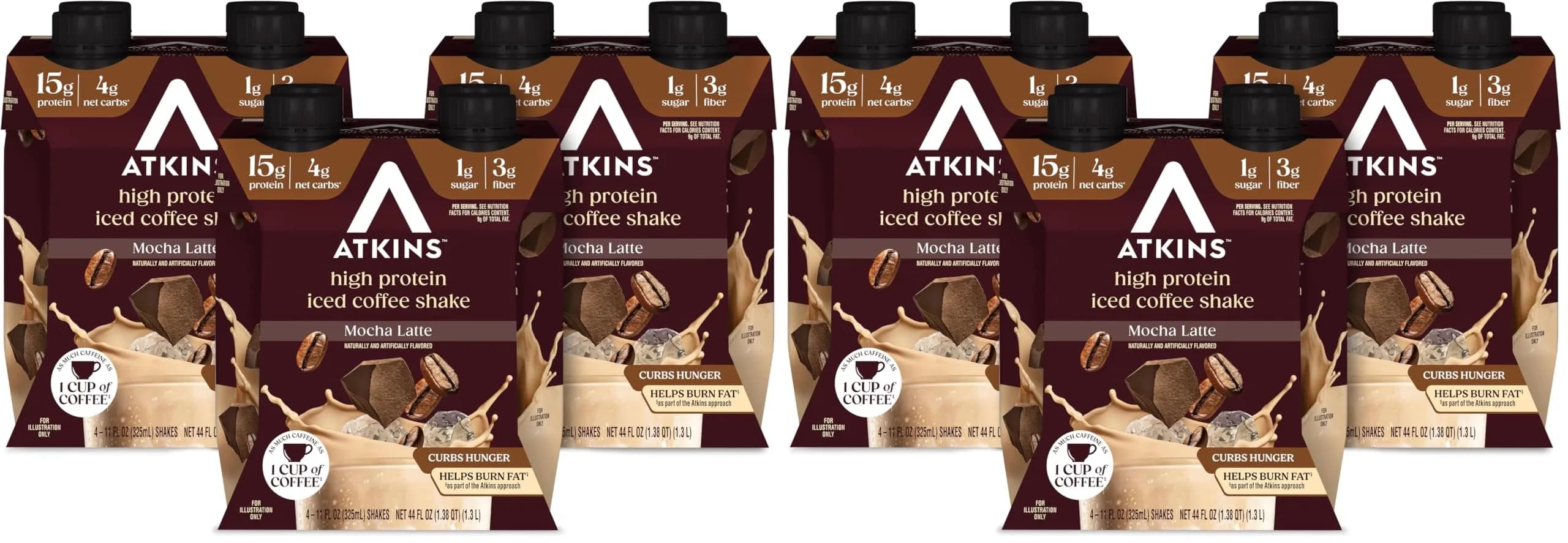 Atkins Mocha Latte Iced Coffee Protein Shake, 15g Protein, 4g Net Carb, 1g Sugar, 24-Pack (325ml (11 fl oz) each) - main product image
