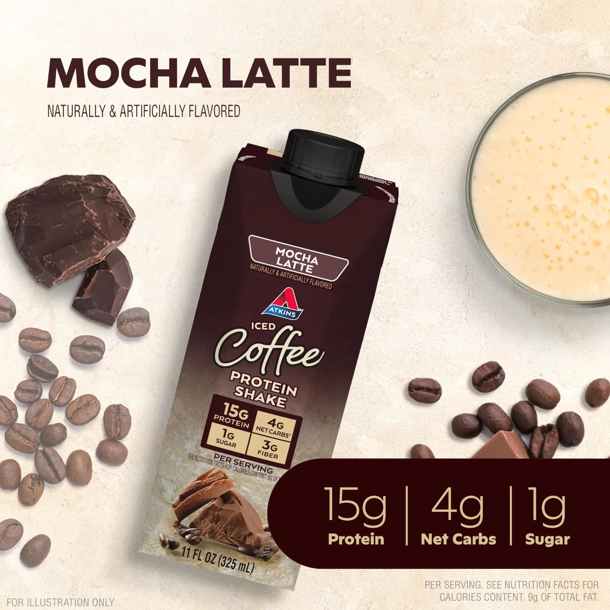 Atkins Mocha Latte Iced Coffee Protein Shake, 15g Protein, 4g Net Carb, 1g Sugar, 24-Pack (325ml (11 fl oz) each) - view 2