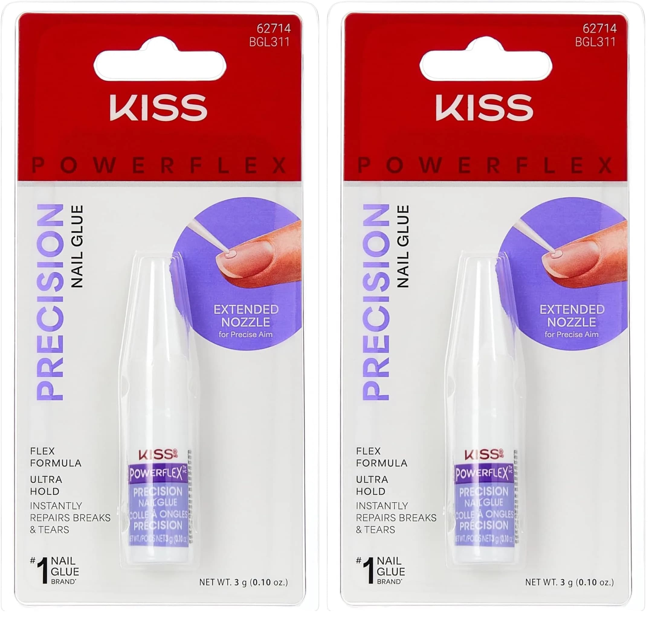 KISS Powerflex Precision Nail Glue 0.10 Oz (Pack of 2) | Bonds Artificial Nails Instantly — Clear