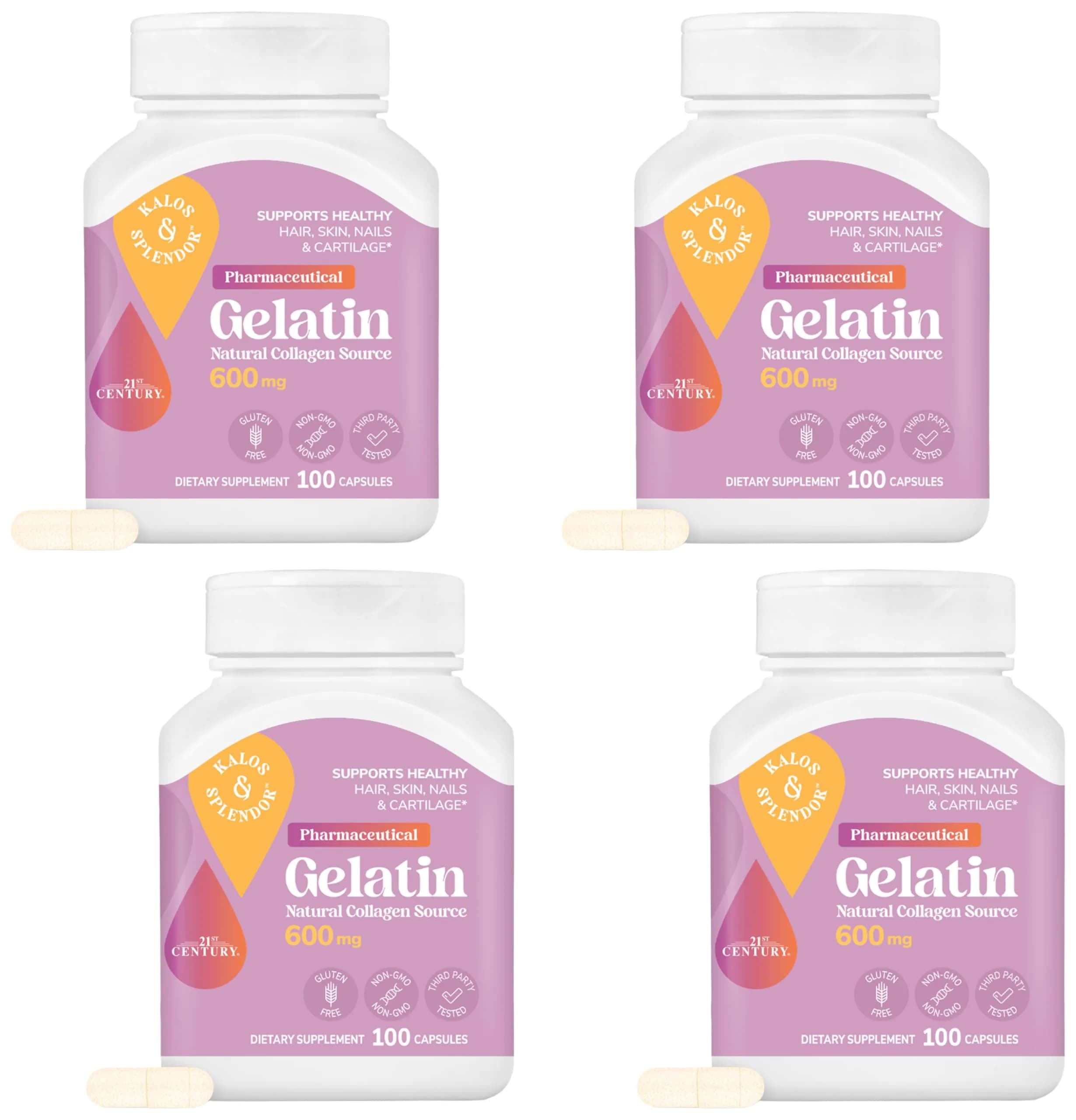 21st Century Gelatin 600mg Capsules, 400 Count (1600mg/serving) | High Protein Thickening Agent for Hair, Nails & Joints — White