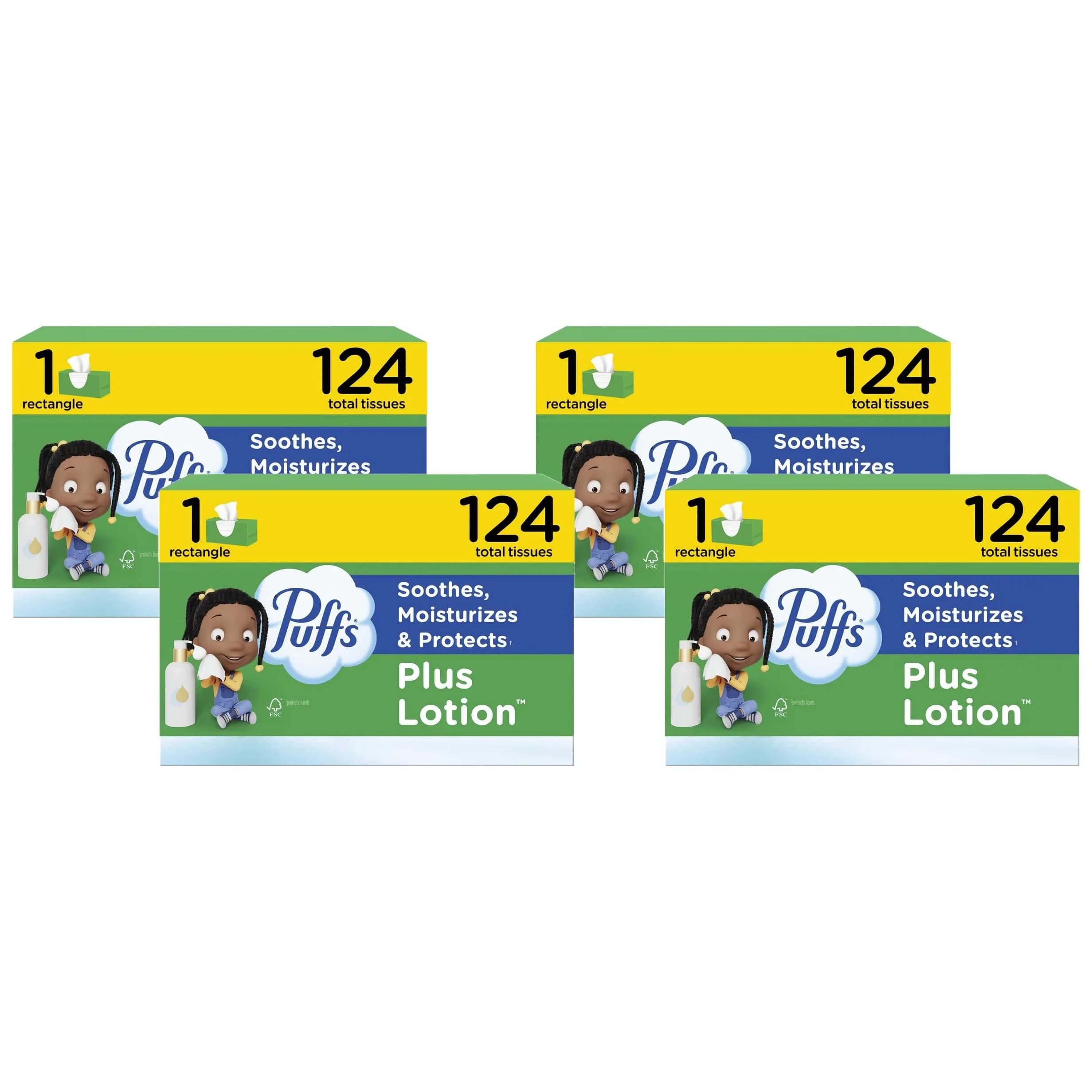 Puffs Plus Lotion Facial Tissues Family Box 124 Tissues x 4 | Dermatologist Tested for Sensitive Skin — Pack of 4