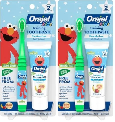 Orajel Elmo Fluoride-Free Tooth & Gum Cleanser with Toothbrush Combo Pack, Banana Apple Flavored Non-Fluoride, 2 Piece Set (Pack of 2) | Cleans Plaque Safely for Babies 3-24 Months thumbnail 1