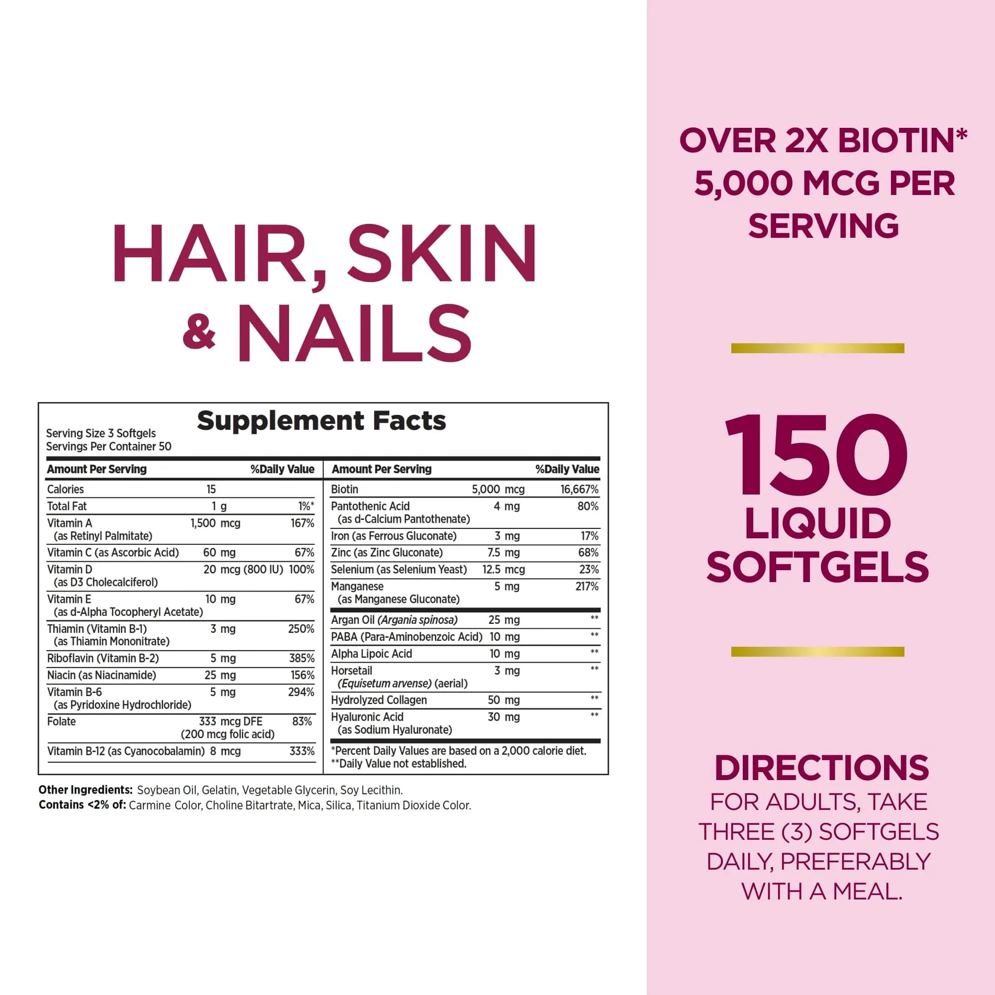 Nature's Bounty Advanced Hair, Skin & Nails Softgels with Biotin & Hyaluronic Acid, 300 Count | Supports Beautiful Hair, Glowing Skin & Healthy Nails - view 2