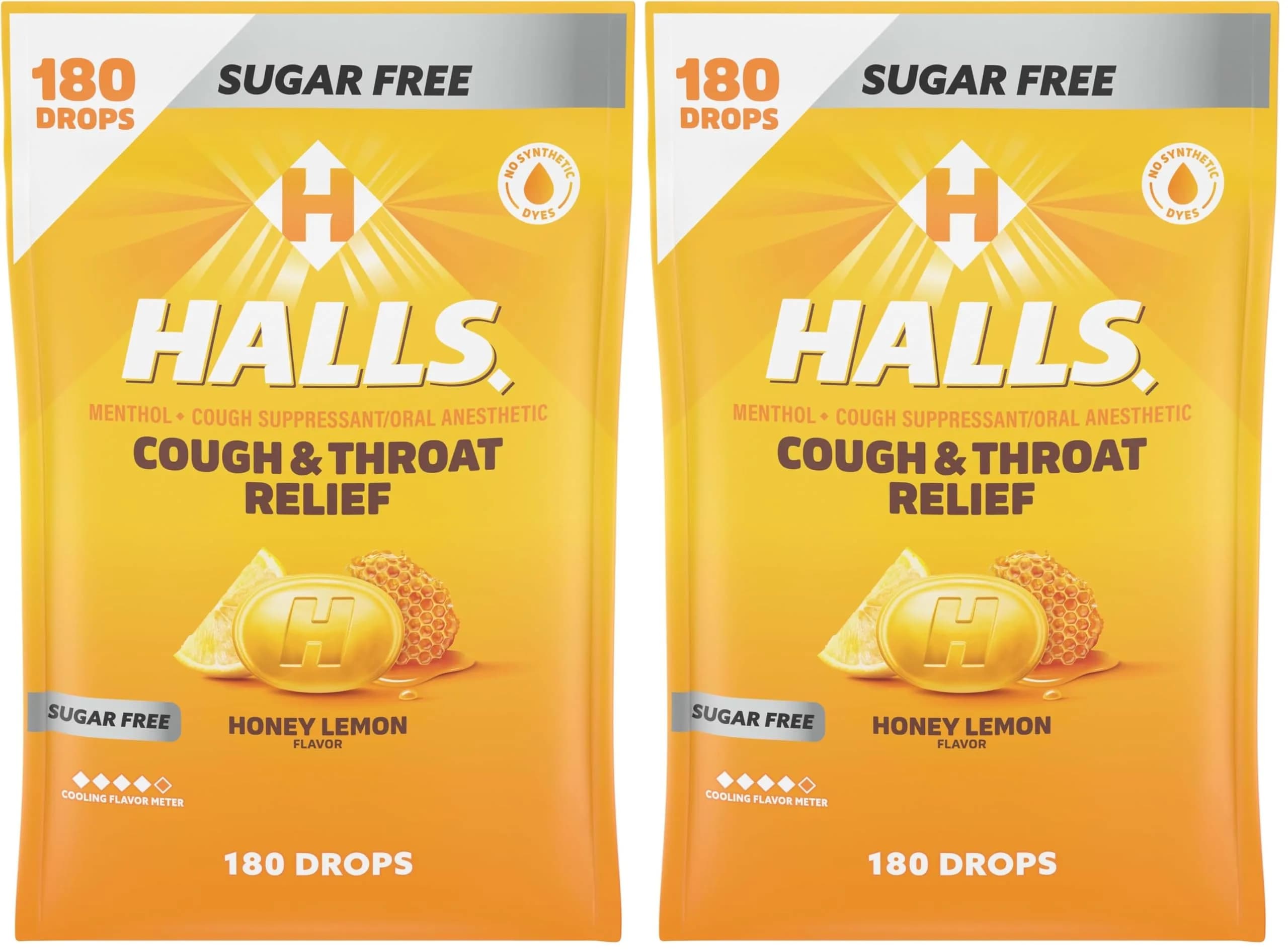Halls Relief Honey Lemon Sugar Free Cough Drops 180 Drops (Pack of 2) | Soothes Sore Throats & Relieves Coughs - main product image